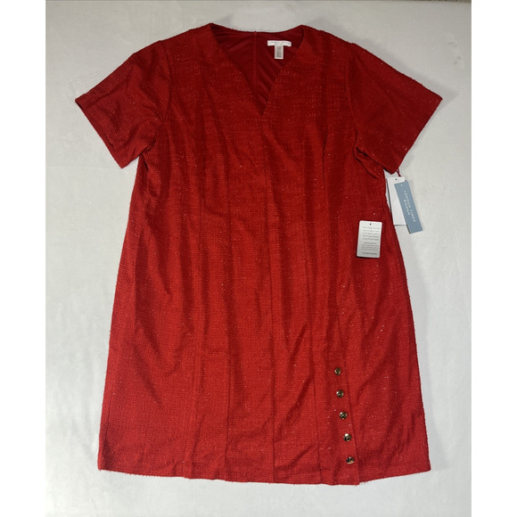 London Times Short Sleeve Side Buton Boucle Sheath Dress 22W Red Sparkle Tweed - Picture 1 of 10